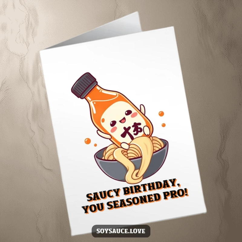 Funny Free Printable Birthday Card: A soy sauce bottle comically sliding down a long, slippery noodle with a delighted expression.