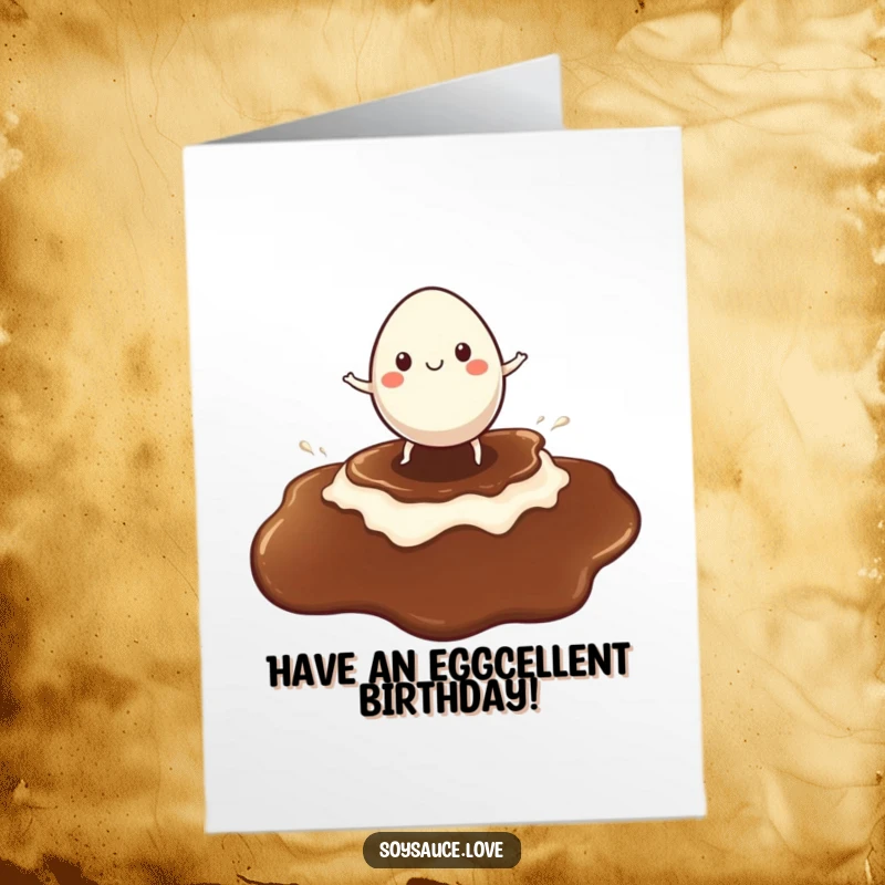Funny Free Printable Birthday Card: a cheerful egg character riding a giant soy sauce puddle like a surfboard, celebrating joyfully.