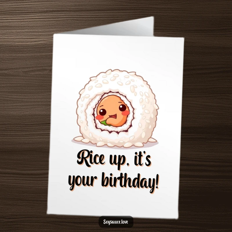 Funny Free Printable Birthday Card: a cheeky sushi roll peeking from behind a giant rice grain, full of playful mischief.