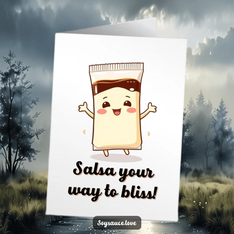 Funny Free Printable Birthday Card: A cheerful, anthropomorphic soy sauce packet performing a lively, bouncy dance.