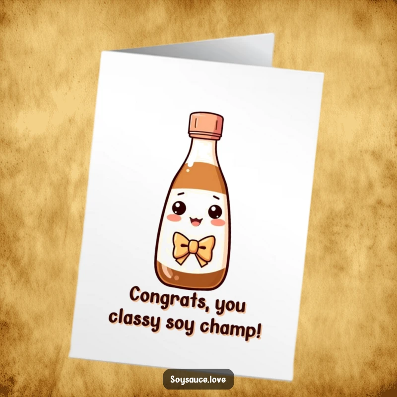 Funny Free Printable Congrats Card: Kawaii soy sauce bottle with a bow tie performing a graceful bow, signifying distinguished congratulations.