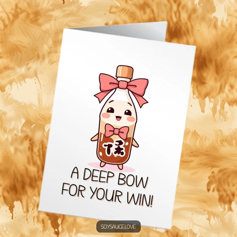 Funny Free Printable Congrats Card: A soy sauce bottle executing an extremely deep and funny bow to show respect and congratulations.