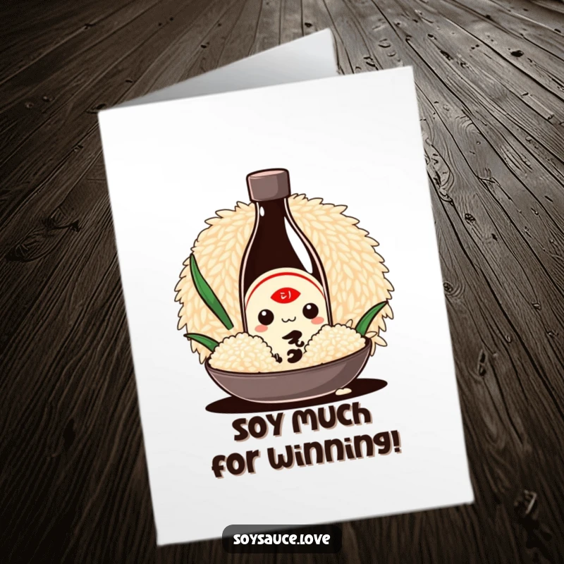 Funny Free Printable Congratulations Card featuring a Kawaii soy sauce bottle character playfully hiding behind a large rice grain.