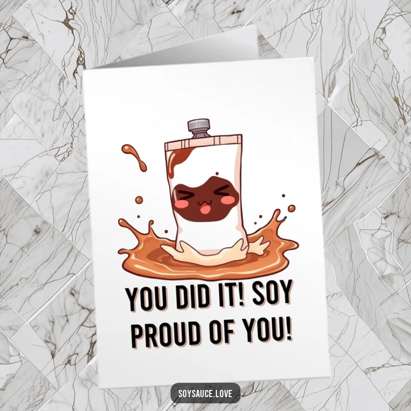 Funny Free Printable Congratulations Card: A playful soy sauce sachet caught mid-splash, celebrating success with bubbly humor.
