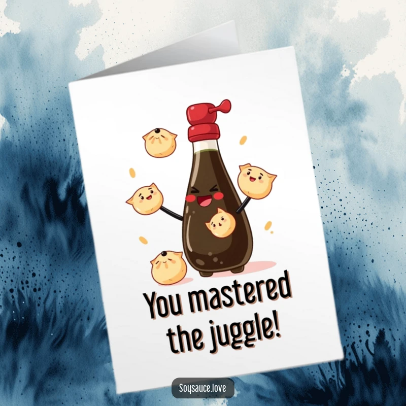 Funny Free Printable Congratulations Card: A soy sauce bottle with a wide grin juggles small dumplings, celebrating an event.