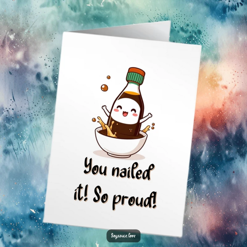 Funny Free Printable Congratulations Card showing a jubilant Kawaii soy sauce bottle character joyfully splashing into a small bowl.