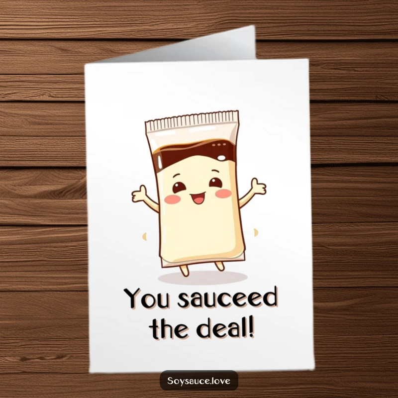 Funny Free Printable Congratulations Card: A happy soy sauce packet is shown doing an energetic, celebratory bouncy dance.