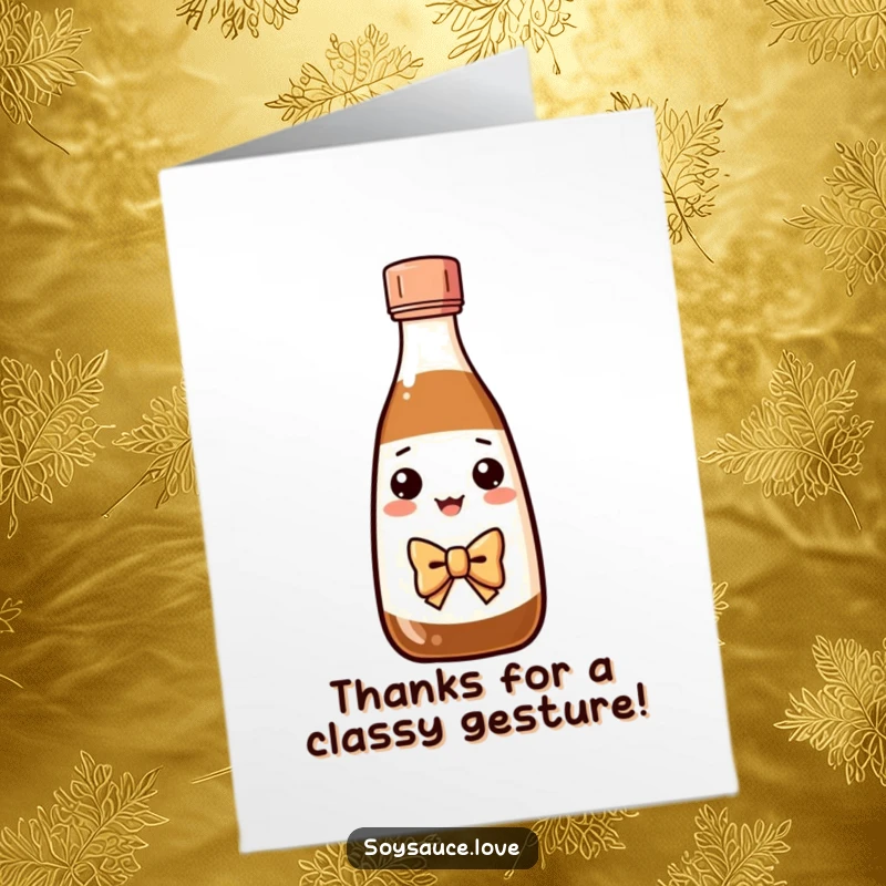 Funny Free Printable Thank You Card: Kawaii soy sauce bottle wearing a bow tie, making a polite bow to express thanks.