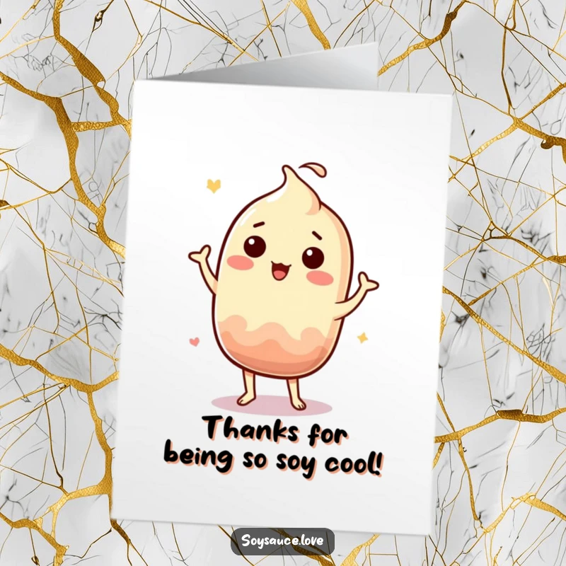 Funny Free Printable Thank You Card: A kawaii soy sauce character doing a silly jig, a unique and funny way to express thanks.