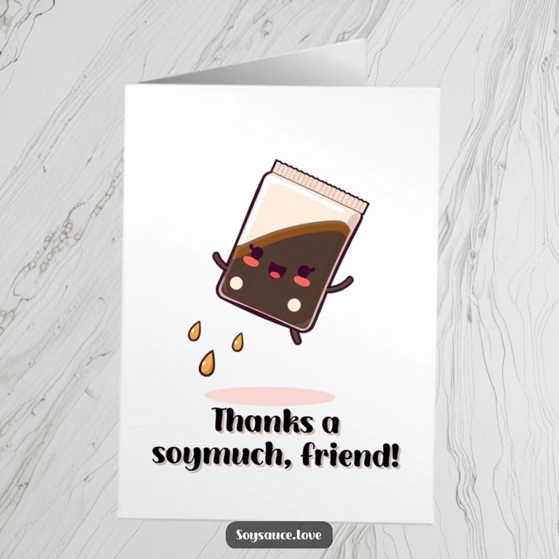 Funny Free Printable Thank You Card: A joyful kawaii soy sauce packet doing a cartwheel, sending thanks with a playful motion.