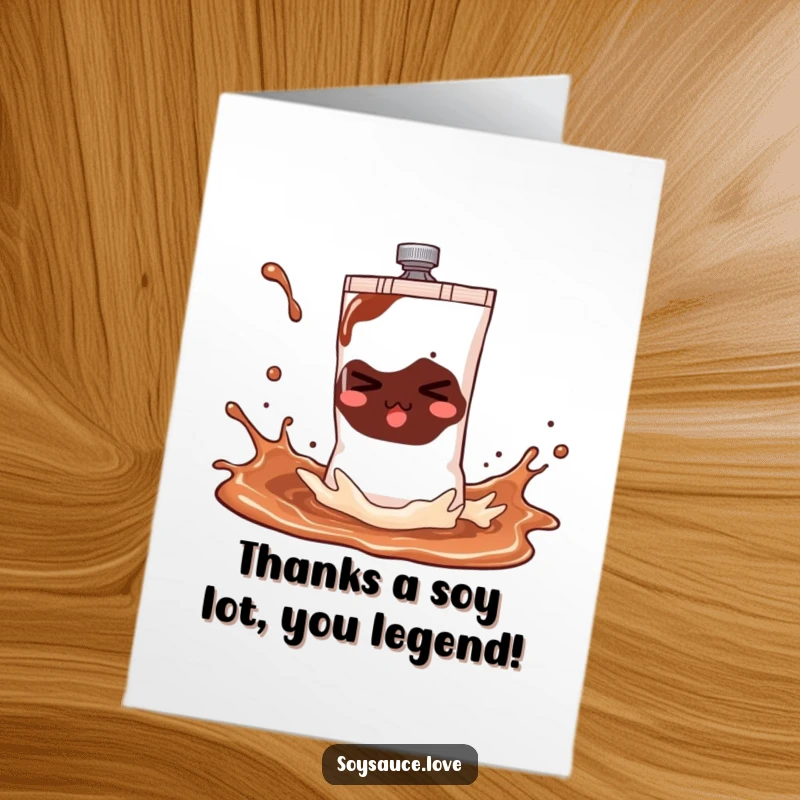 Funny Free Printable Thank You Card: A mischievous soy sauce sachet making a delightful splash, conveying heartfelt thanks humorously.