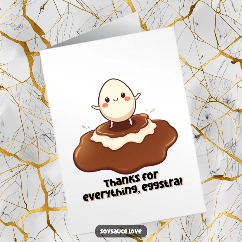 Funny Free Printable Thank You Card featuring a cheerful egg character surfing a soy sauce puddle, humorously expressing thanks.