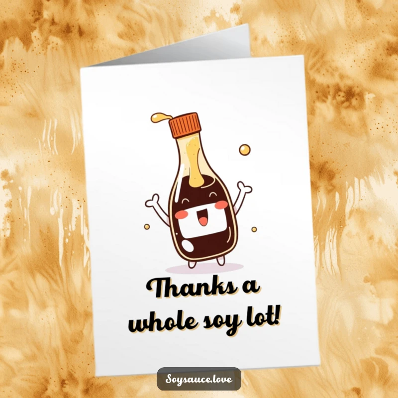 Funny Free Printable Thank You Card: a cheerful kawaii soy sauce bottle enthusiastically splashing to say thanks, a lovely downloadable.
