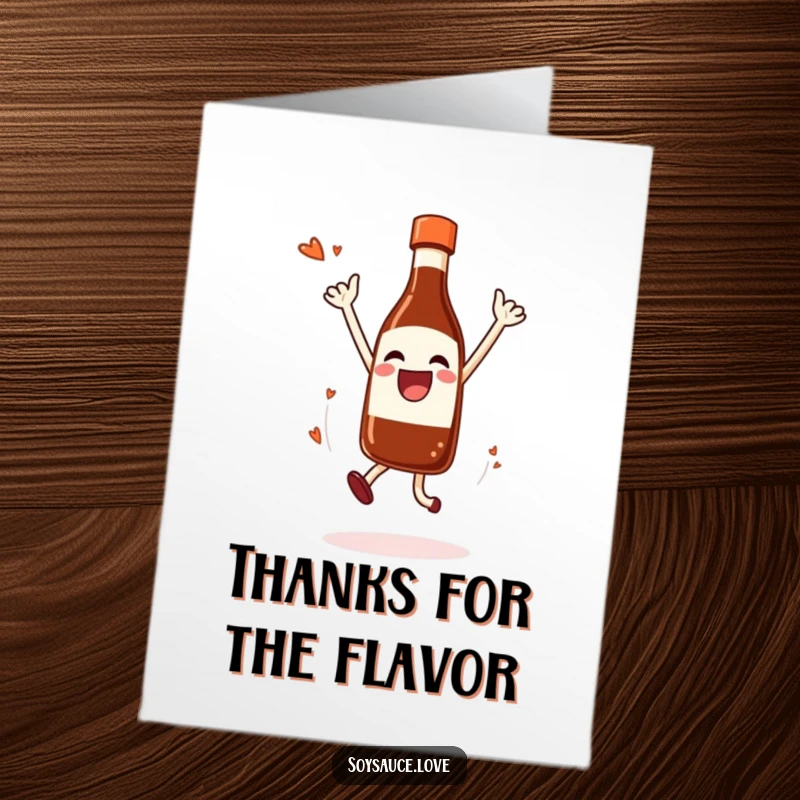 Funny Free Printable Thank You Card: A joyful soy sauce bottle jumps happily, dripping with gratitude and cheer.