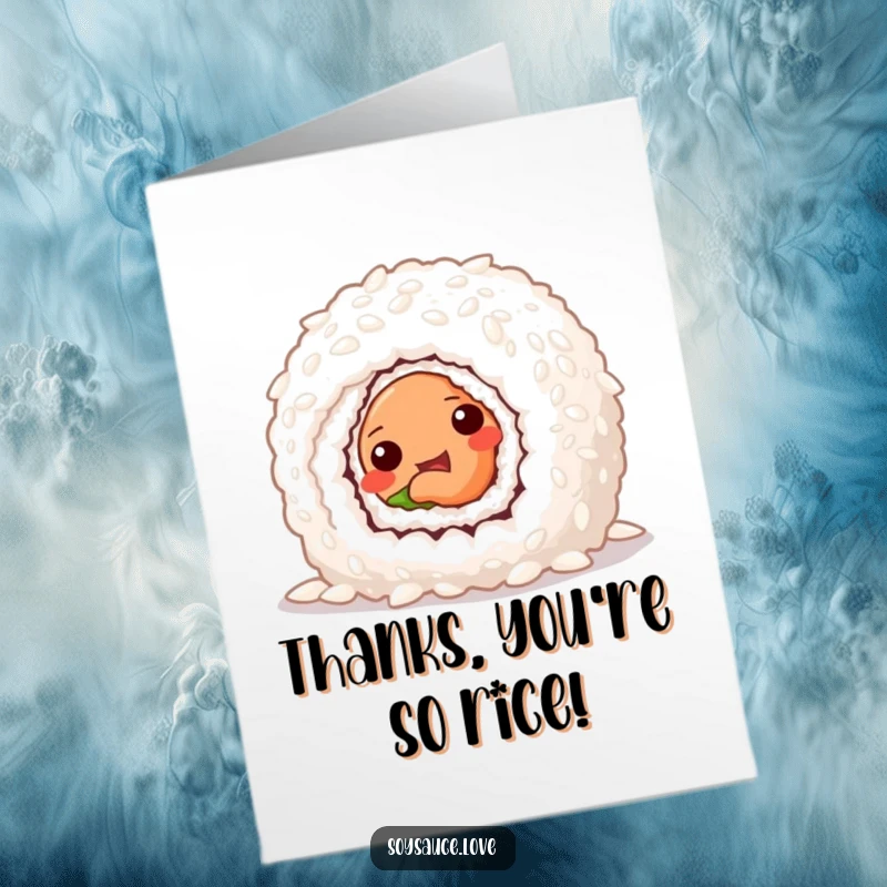 Funny Free Printable Thank You Card with a mischievous sushi roll peeking out, offering thanks with a playful flair.