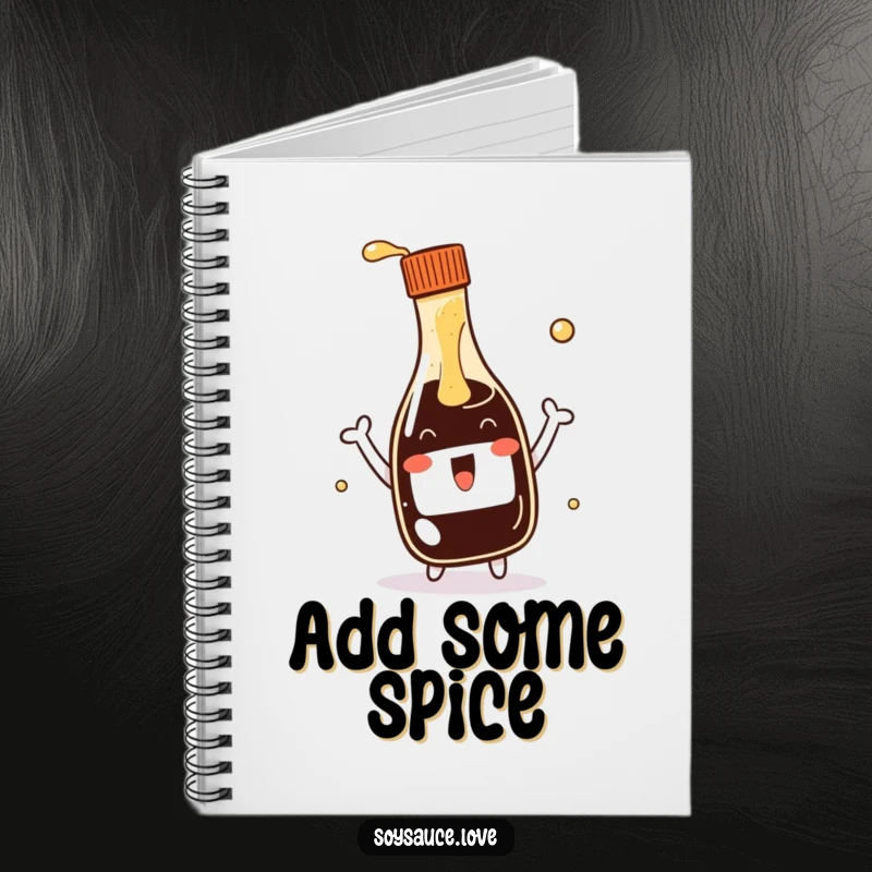 Funny kawaii soy sauce bottle notebook, featuring an animated bottle enthusiastically offering a splash, perfect for capturing notes with a humorous touch.