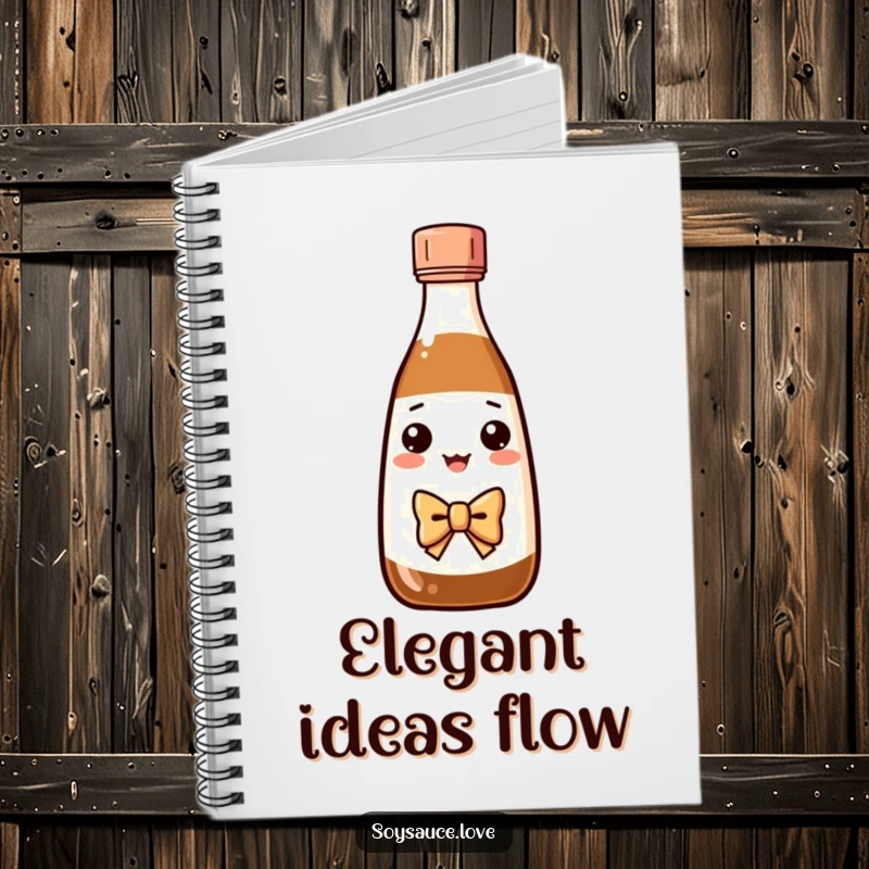 Funny Kawaii soy sauce bottle with a bow tie bowing on a notebook cover, for polite note-taking.