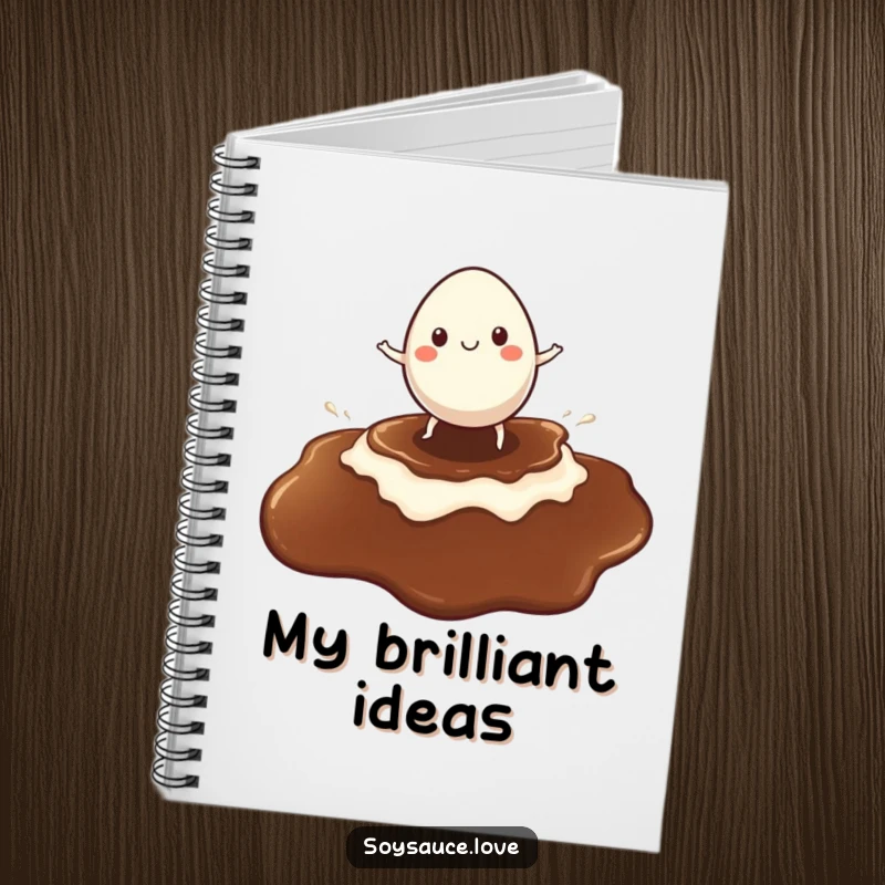 Funny notebook featuring a cheerful egg character surfing a soy sauce puddle, ready for jotting down fun ideas.