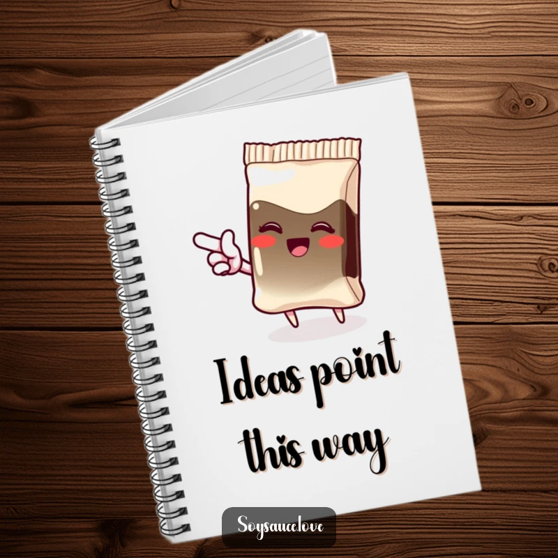 Funny notebook with a giggling kawaii soy sauce packet pointing with excitement, ideal for journaling with a touch of humor.