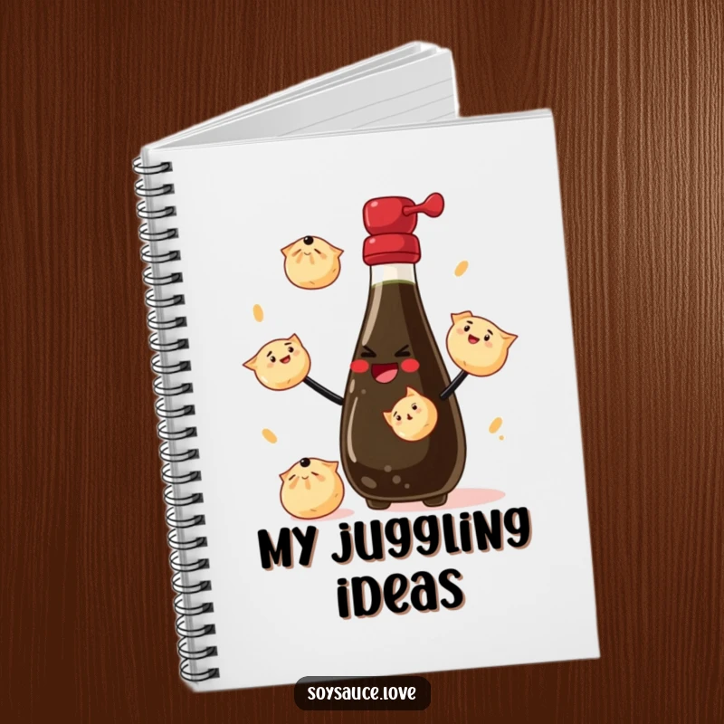 Funny Notebook: A journal designed with a grinning soy sauce bottle juggling dumplings, perfect for jotting down culinary ideas.