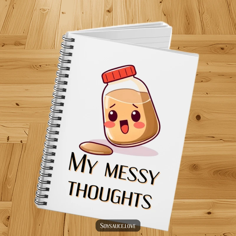 Funny Kawaii Soy Sauce Notebook, a surprised soy sauce bottle tipping over, perfect for jotting notes.