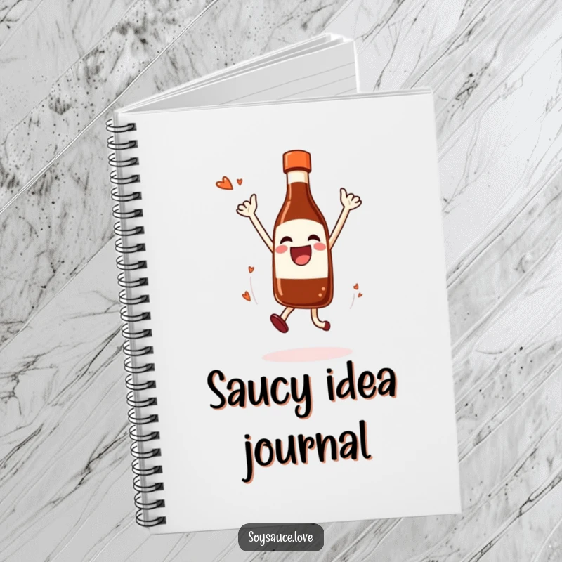 Funny Notebook with a joyful soy sauce bottle depicted in a happy, celebratory jump.