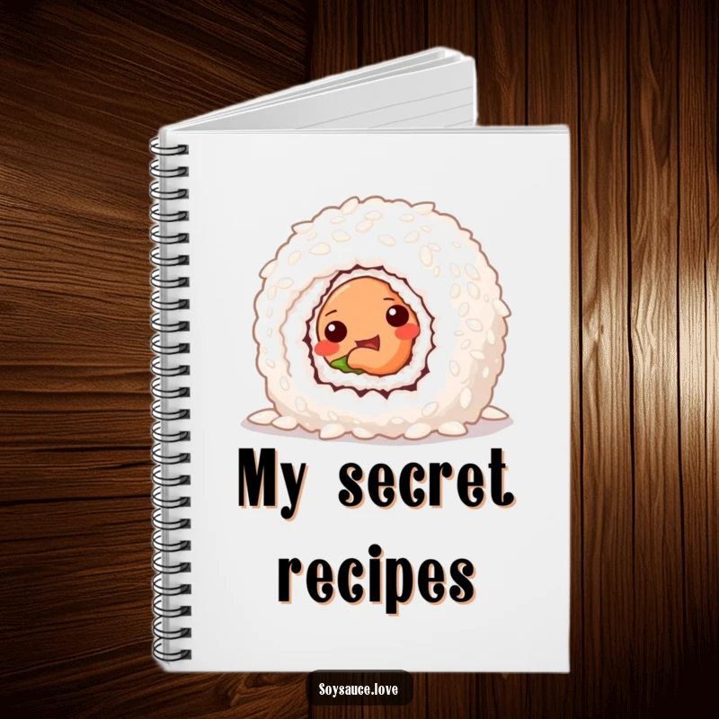 Funny notebook showcasing a mischievous sushi roll peeking from behind a grain of rice, perfect for jotting down ideas.