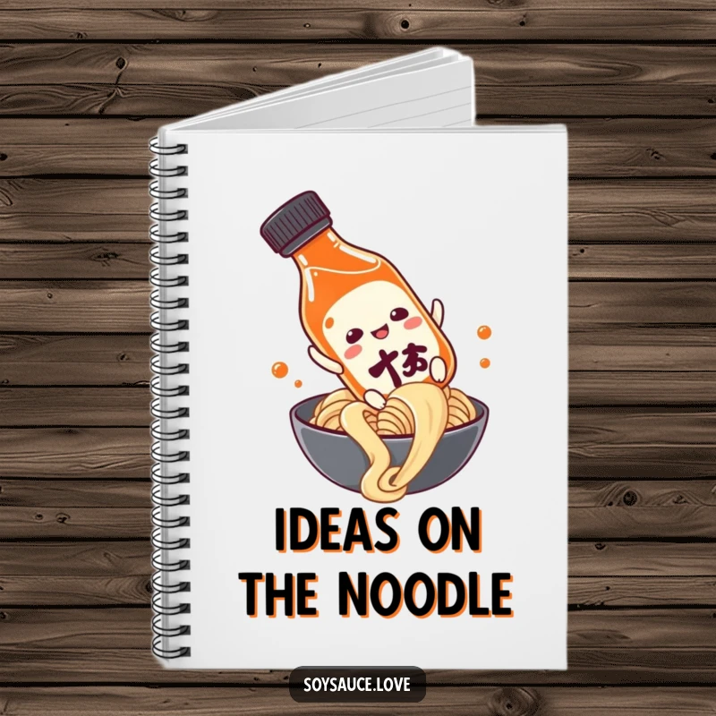 Funny soy sauce bottle character sliding down a noodle, depicted on a notebook cover for humorous note-taking and recipe logging.