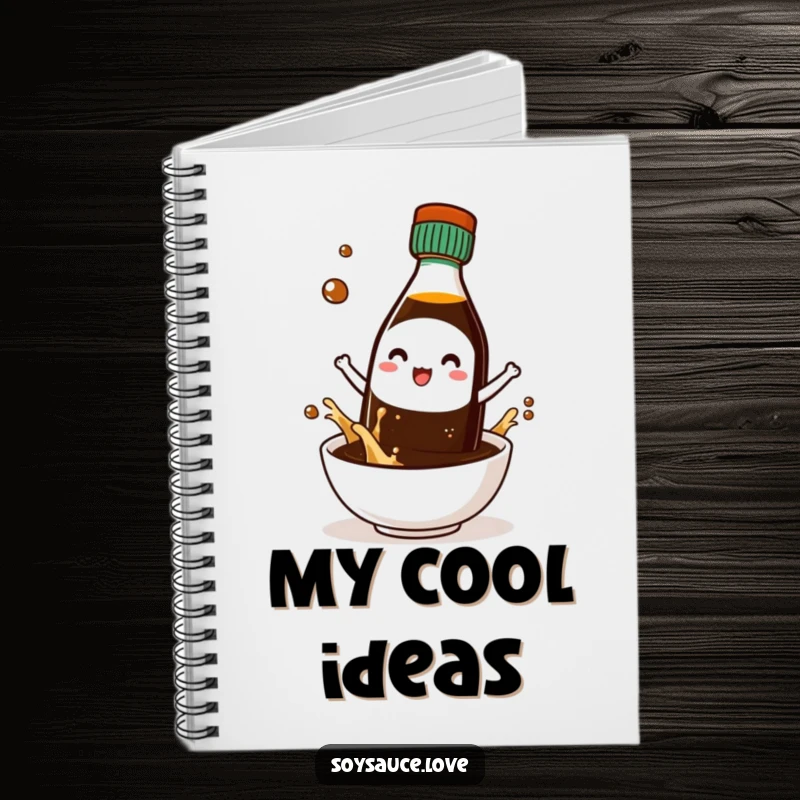 Funny notebook featuring a kawaii soy sauce bottle character wearing tiny sunglasses, looking cool and ready for notes.