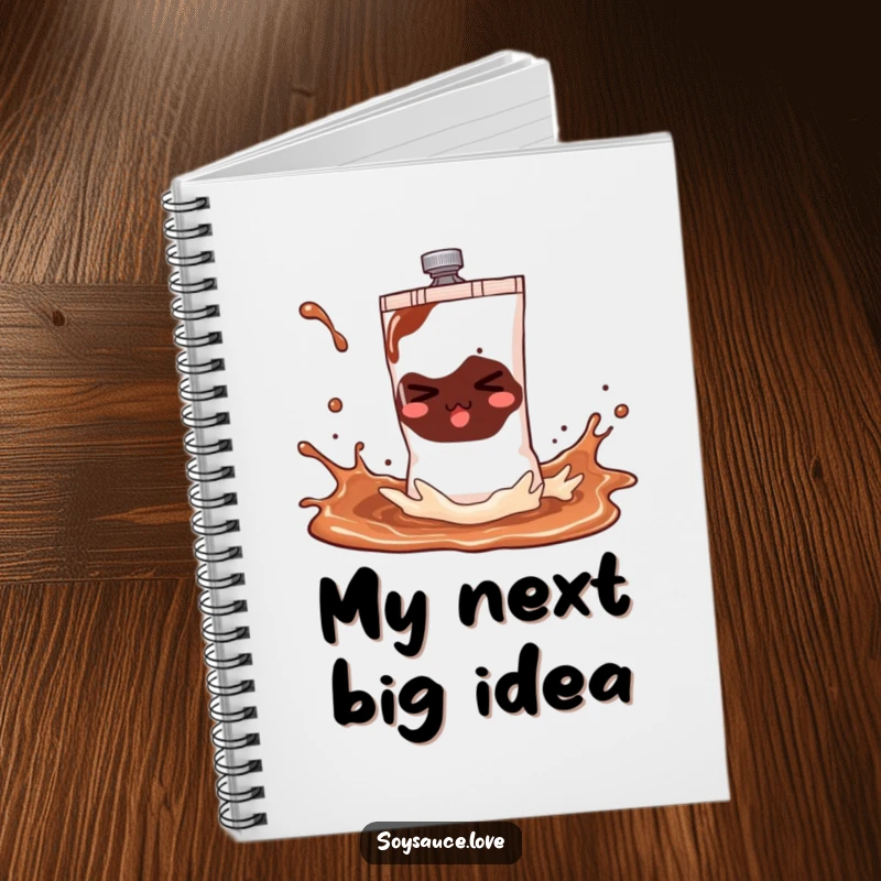 Funny soy sauce sachet notebook showcasing a mischievous character playfully splashing, perfect for jotting down notes with a humorous flair.