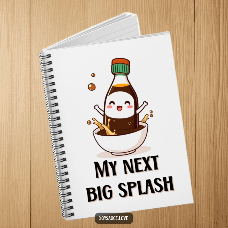 Funny notebook featuring a kawaii soy sauce bottle character joyfully splashing into a tiny bowl, ready for notes.