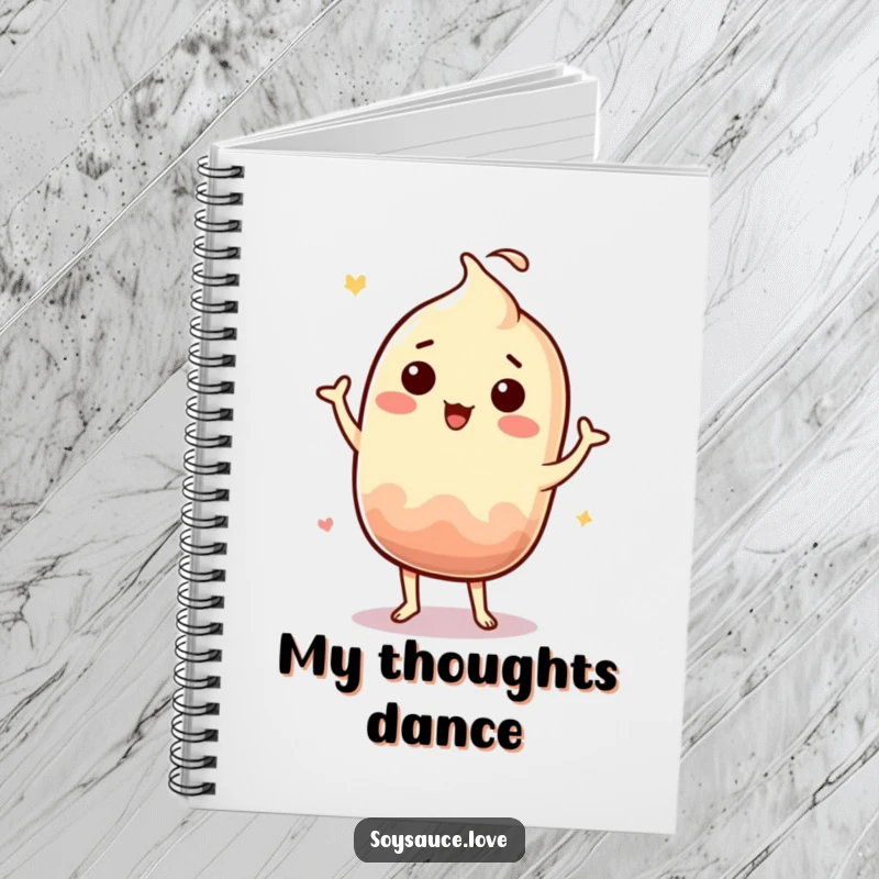Funny Kawaii soy sauce character in a silly jig on a notebook cover, inspiring energetic note-taking.