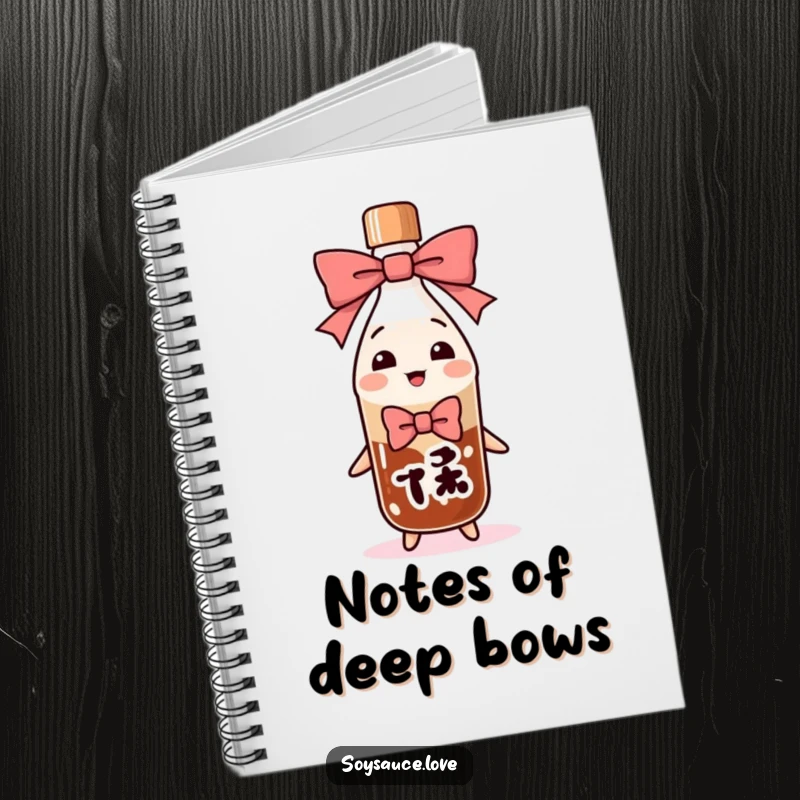 Funny soy sauce bottle character in a deep, exaggerated bow, depicted on a notebook cover for humorous and polite note-taking.