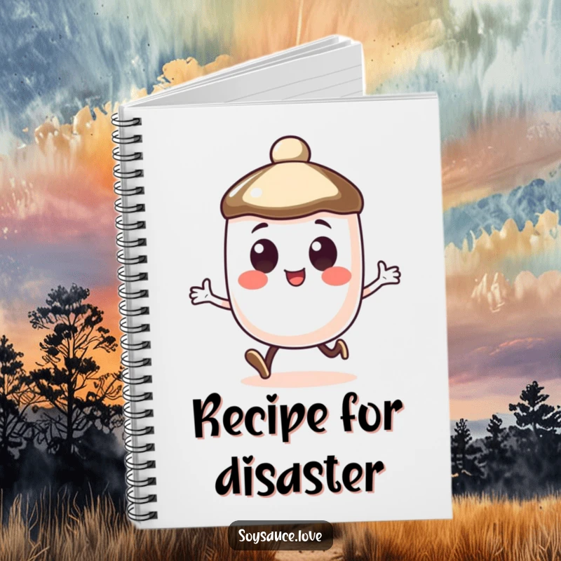 Funny notebook with a soy sauce cap character with large, happy eyes doing a little hop.