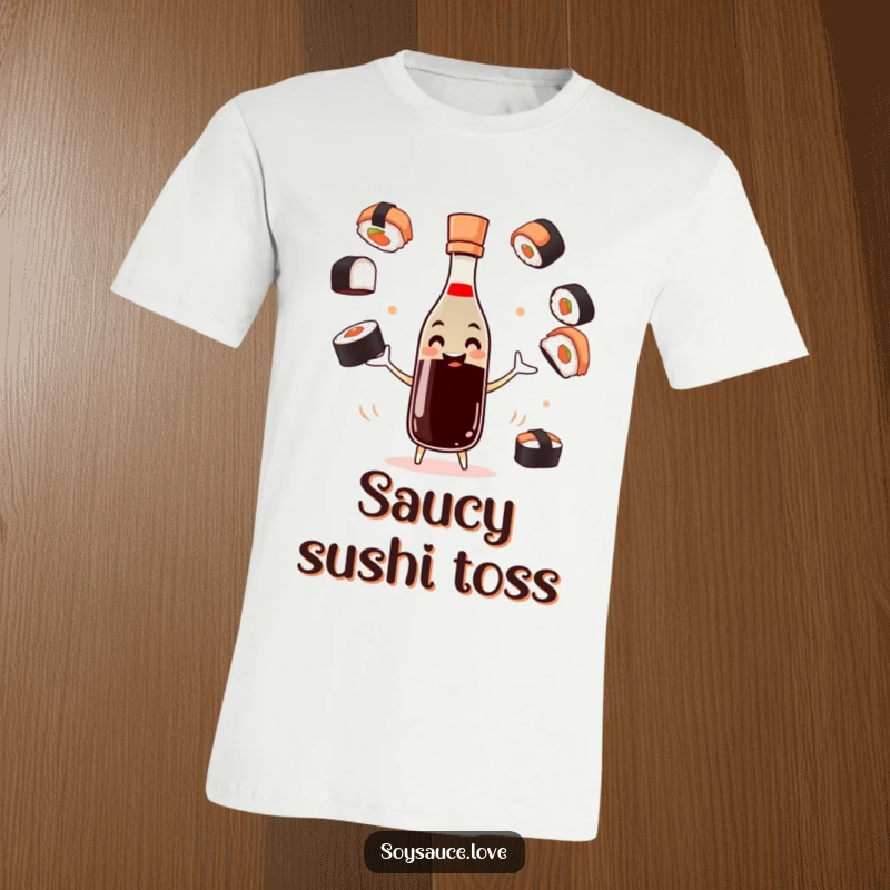 Funny soy sauce t-shirt depicting a smiling bottle character juggling sushi pieces with impressive dexterity.