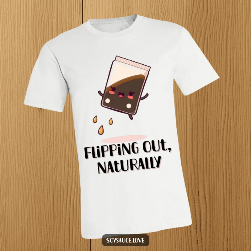 Funny t-shirt with a kawaii soy sauce packet mid-cartwheel, leaving a comical trail of tiny droplets, celebrating energetic silliness.