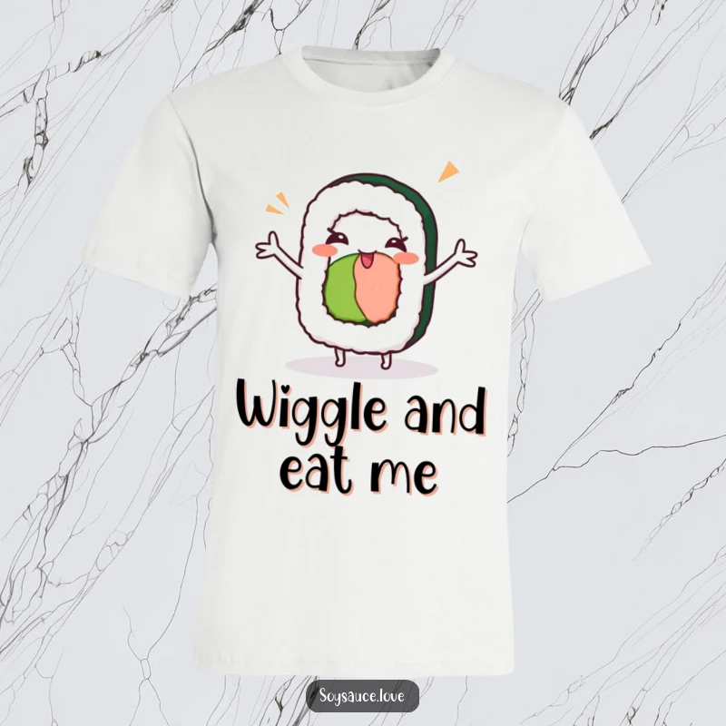 Funny kawaii sushi roll with arms outstretched, doing a silly dance and winking, cheerful and humorous t-shirt.