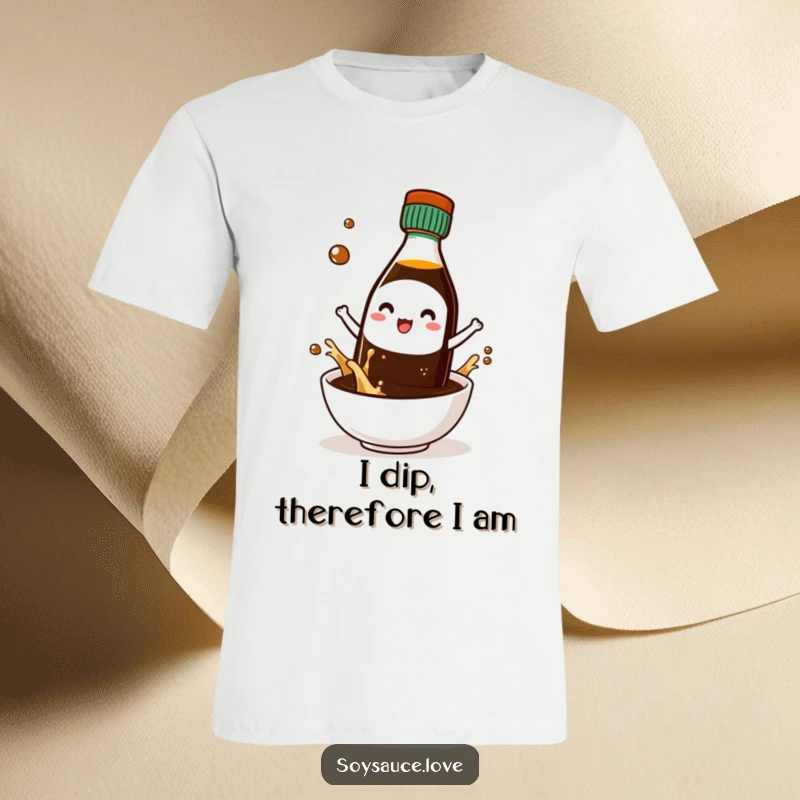 Funny t-shirt showcasing a kawaii soy sauce bottle character joyfully splashing into a tiny bowl, full of excitement.