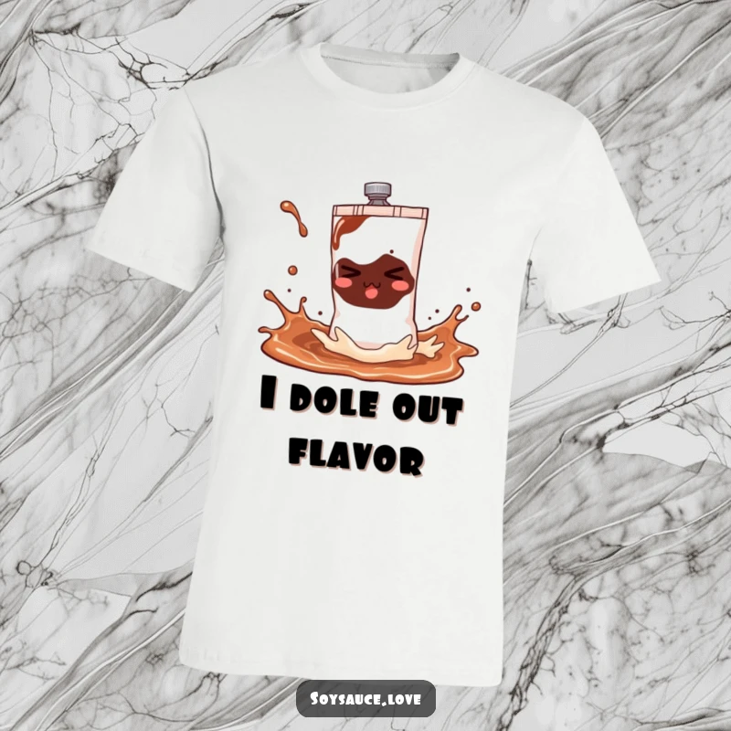 Funny soy sauce sachet t-shirt depicting a mischievous character playfully splashing, capturing a moment of pure, lighthearted chaos.