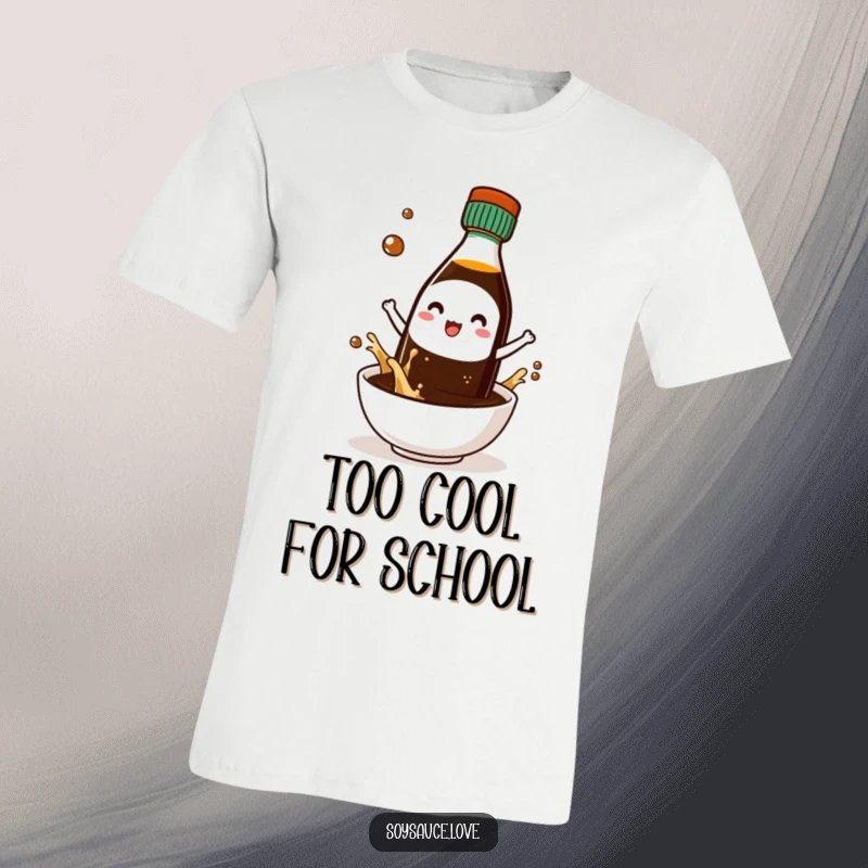 Funny t-shirt showcasing a kawaii soy sauce bottle character wearing small sunglasses, exuding a cool and hip vibe.