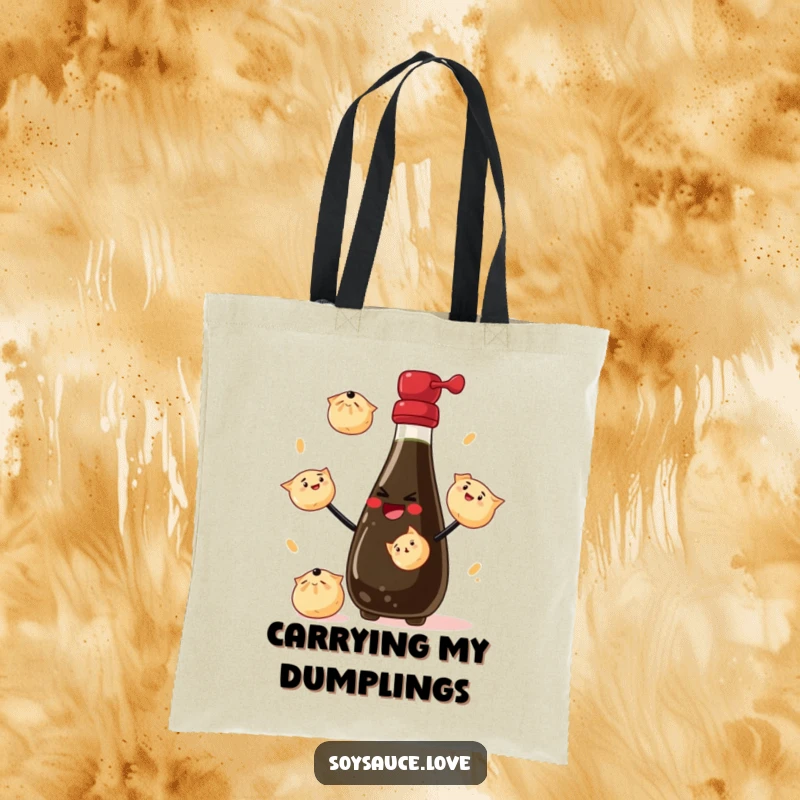 Funny Tote Bag: A reusable bag showcasing a grinning soy sauce bottle juggling tiny dumplings, ready for any adventure.