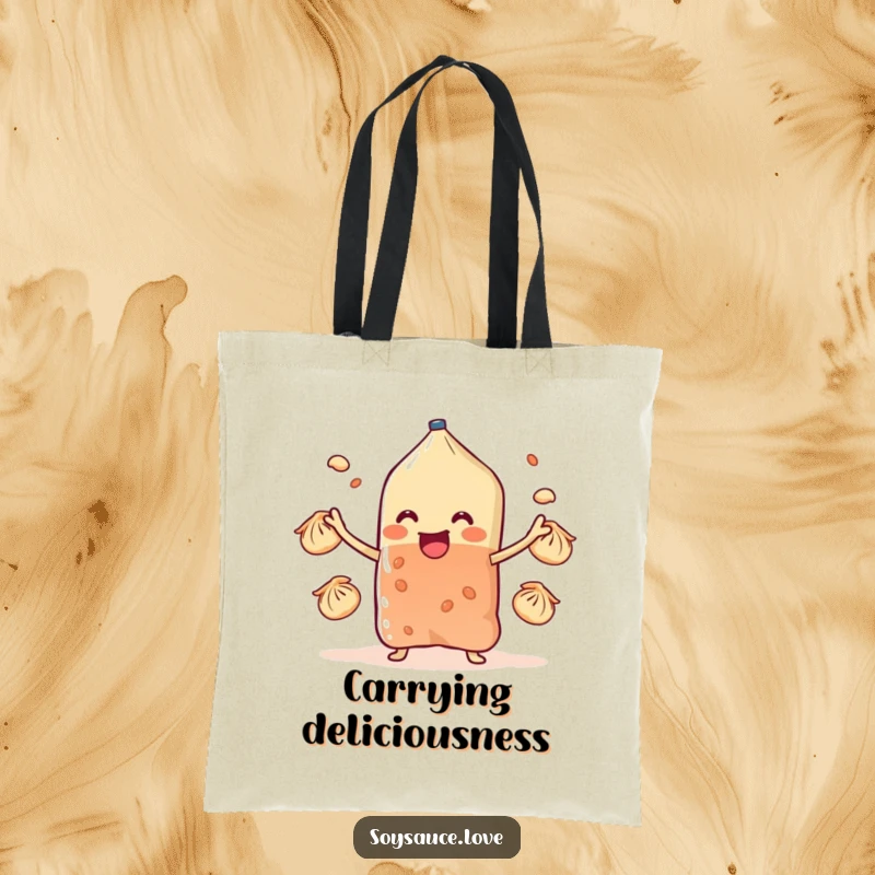 Funny soy sauce sachet juggling tiny dumplings with its stubby arms, printed on a durable tote bag for a humorous accessory.