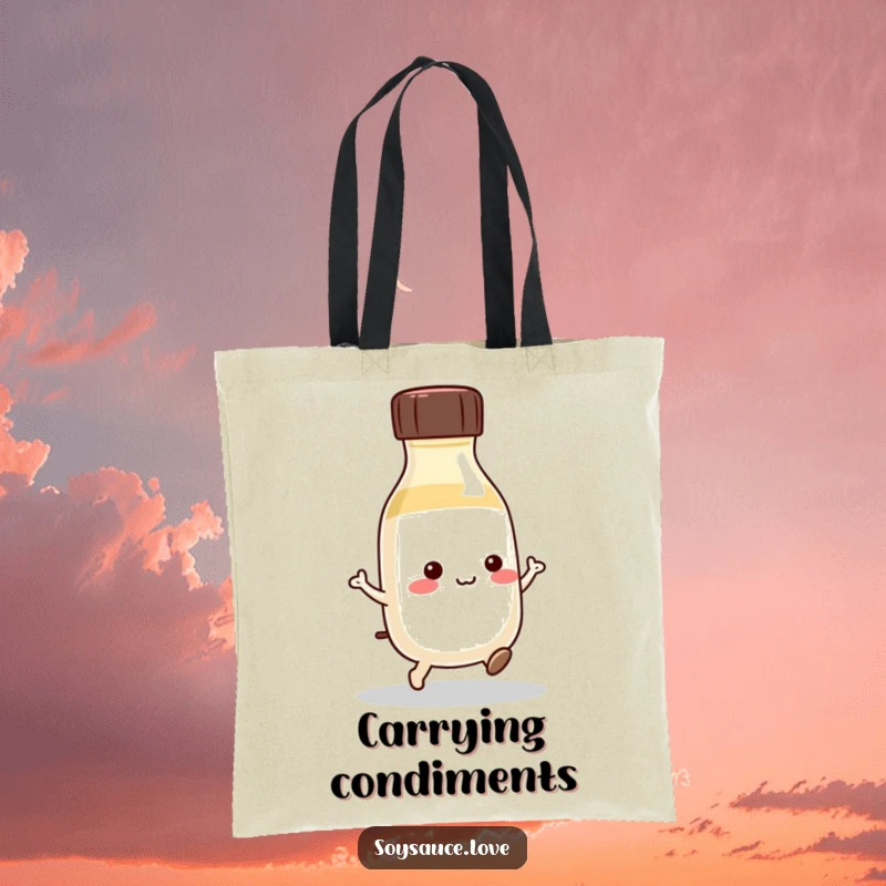 Funny Kawaii Soy Sauce Tote Bag: A cute soy sauce bottle hops with delight, perfect for carrying groceries with a smile.