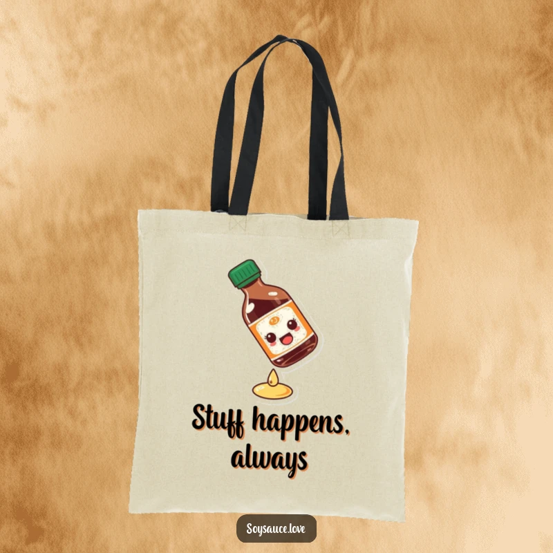 Funny soy sauce bottle tote bag depicting a character comically slipping, a practical and humorous accessory for everyday use.