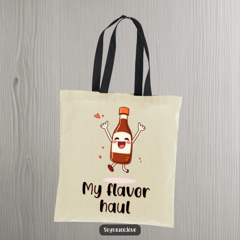 Funny Tote Bag with a joyful soy sauce bottle in a celebratory jump, dripping happily.