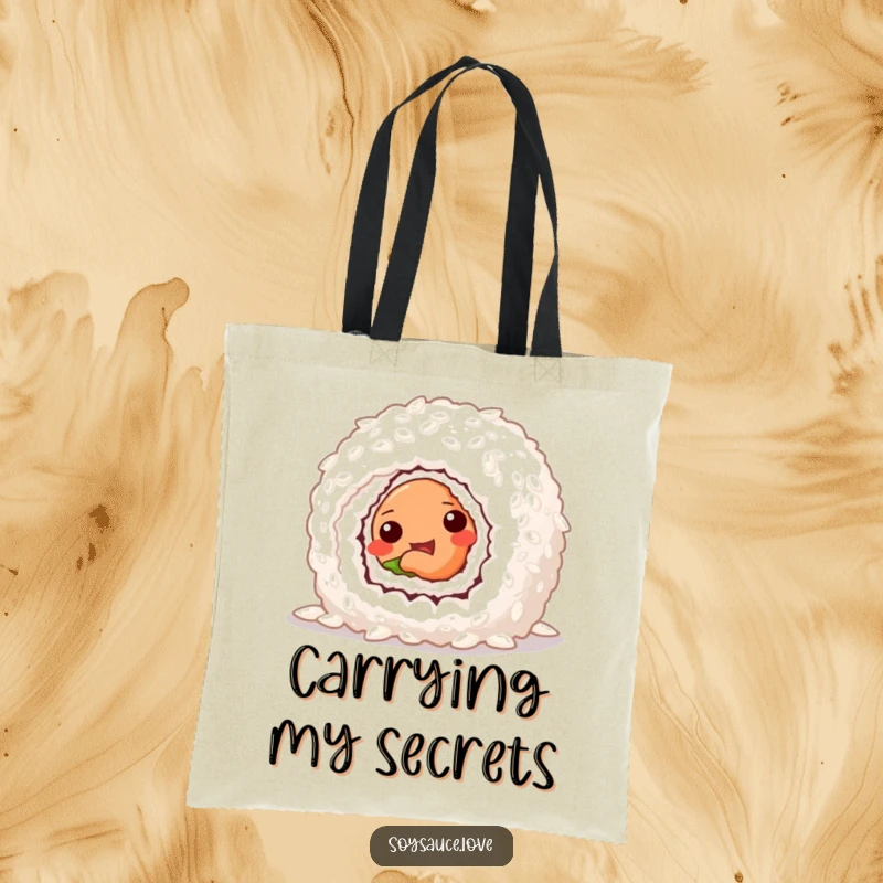 Funny tote bag with a mischievous sushi roll peeking from behind a large grain of rice, showcasing a playful design.