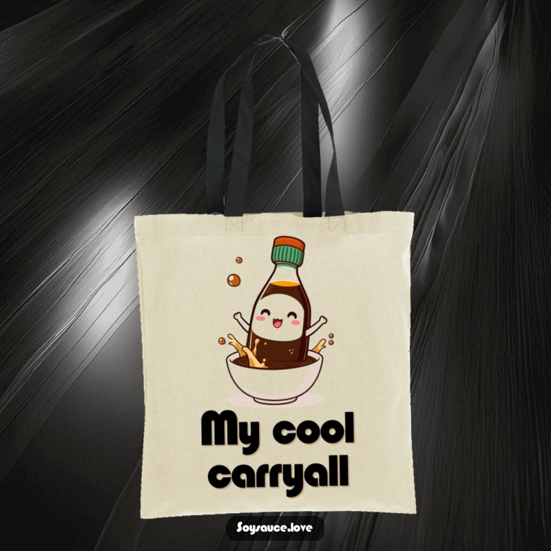 Funny tote bag featuring a kawaii soy sauce bottle character wearing tiny sunglasses, looking effortlessly cool and hip.